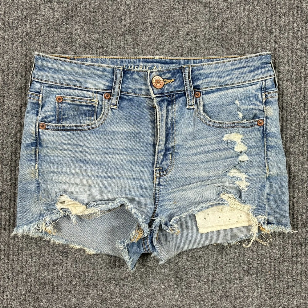 American Eagle Hi-Rise Shortie Womens Size 2 Blue Distressed Denim Super Stretch